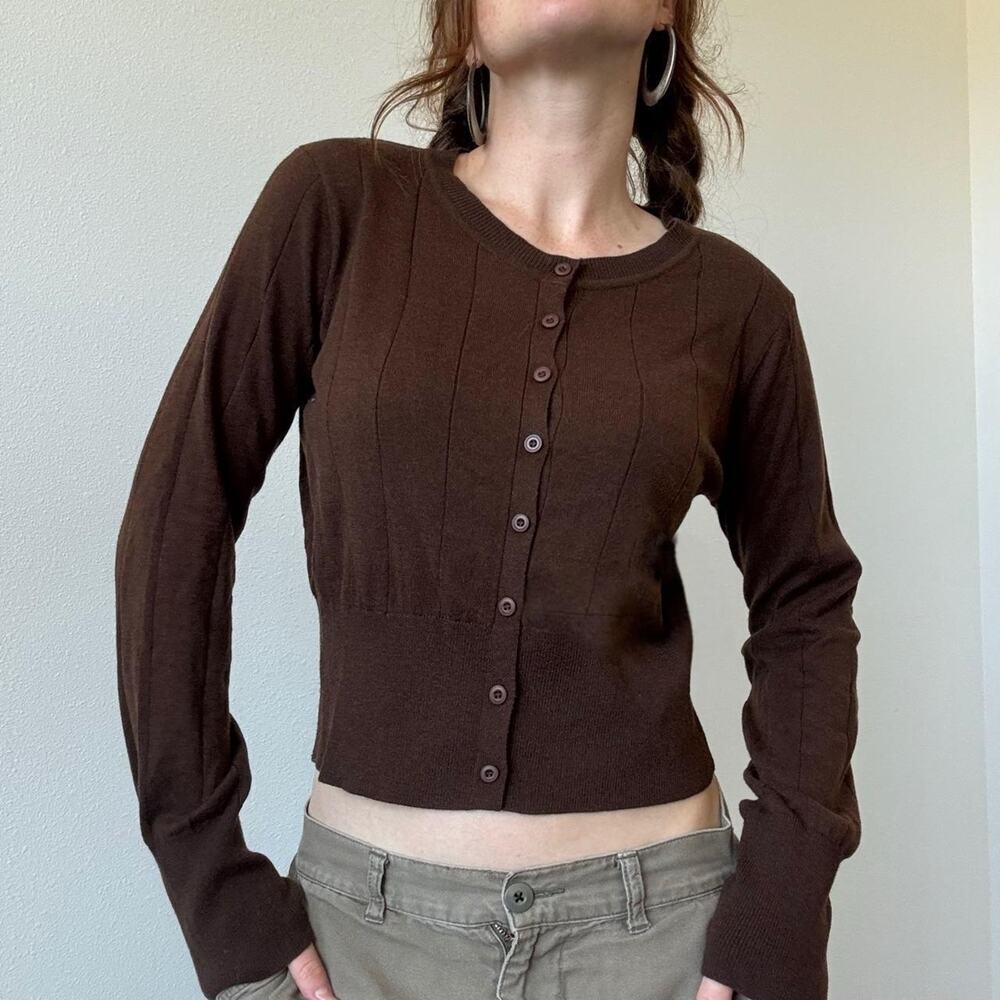 Hiatus Brown ribbed knit cardigan with button front